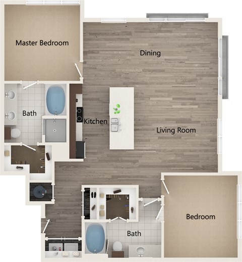 A diagram of a house layout with a master bedroom, dining area, kitchen, living room, and two bathrooms.